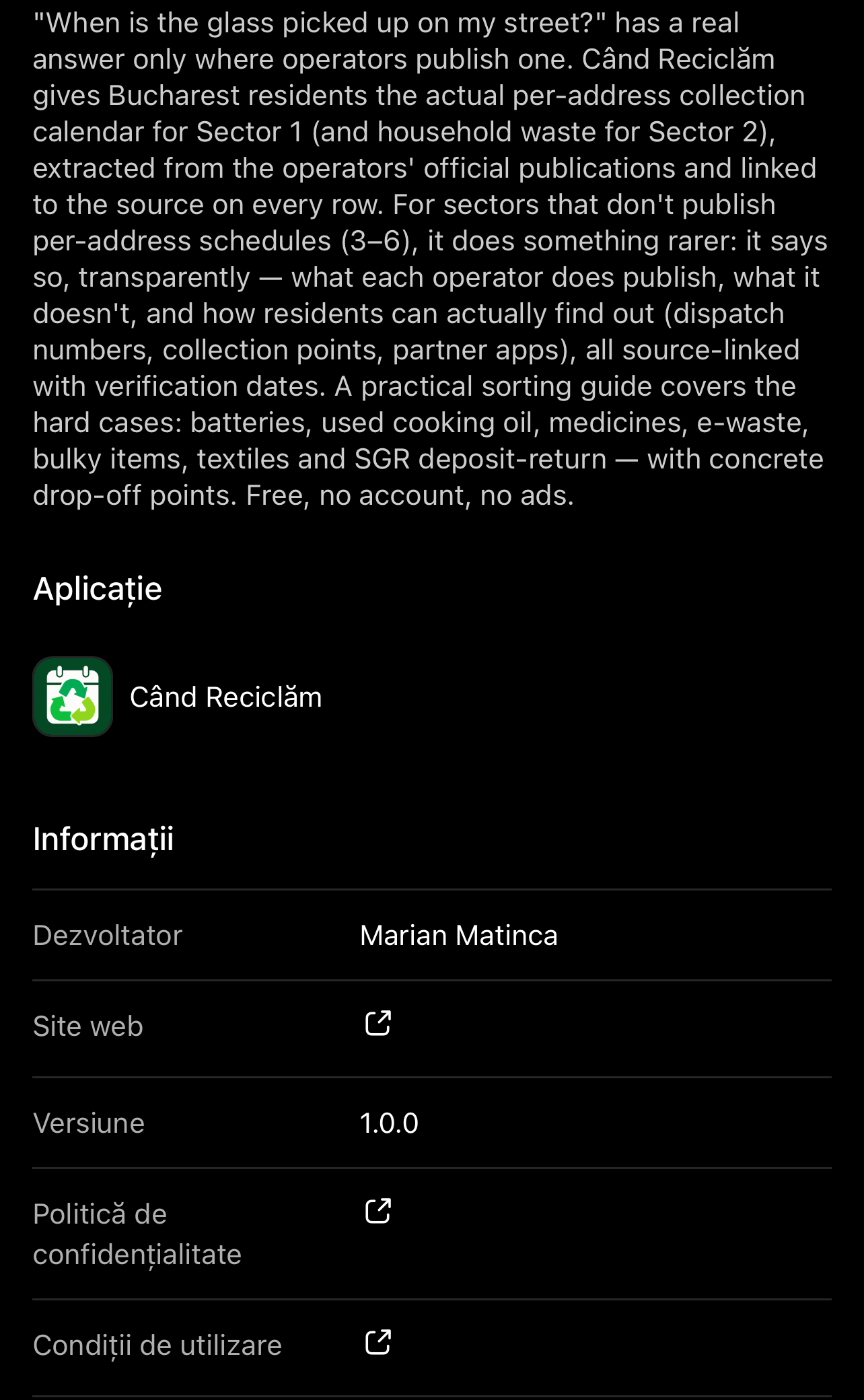 Informații plugin Când Reciclăm — Dezvoltator: Marian Matinca, Versiunea 1.0.0