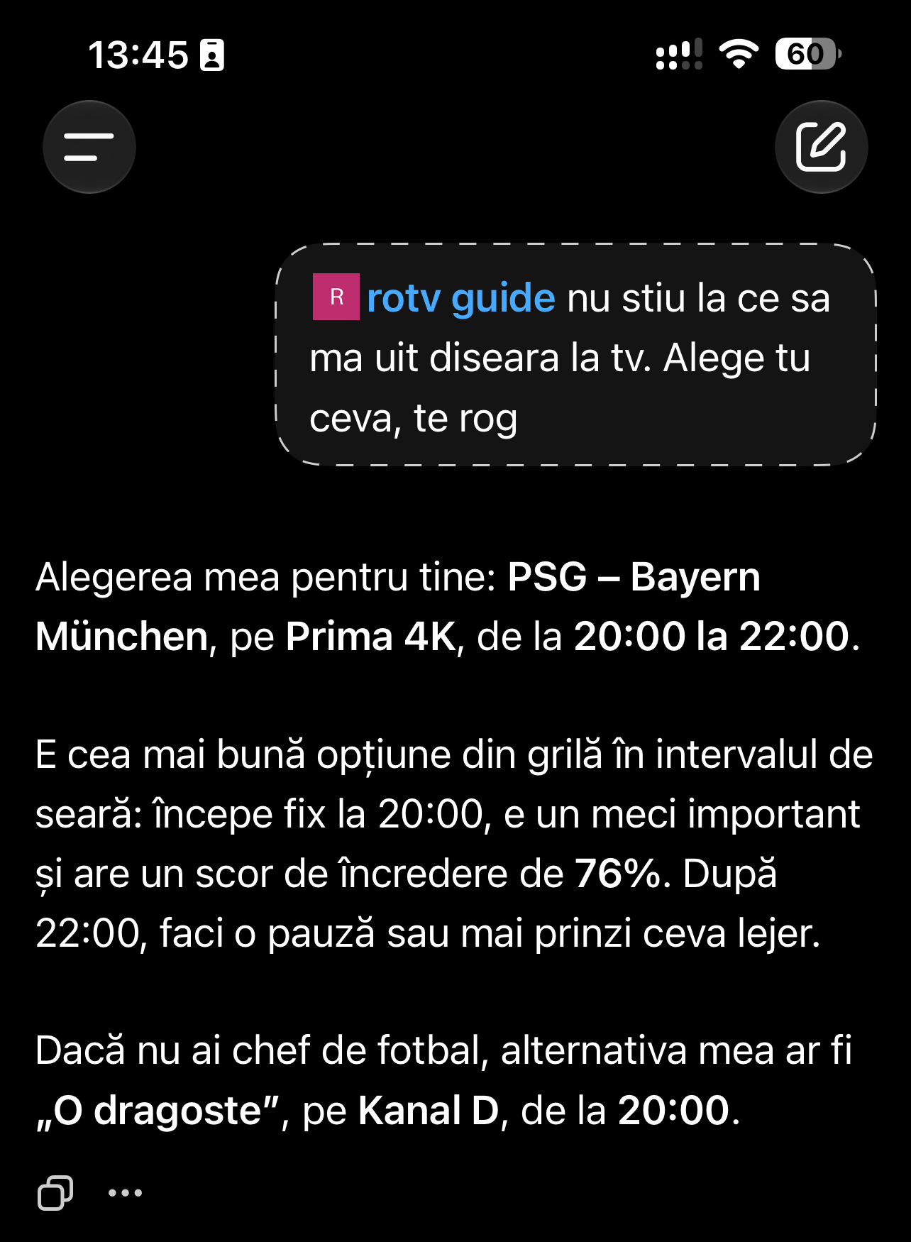 RoTV Guide răspunzând în ChatGPT la „alege tu