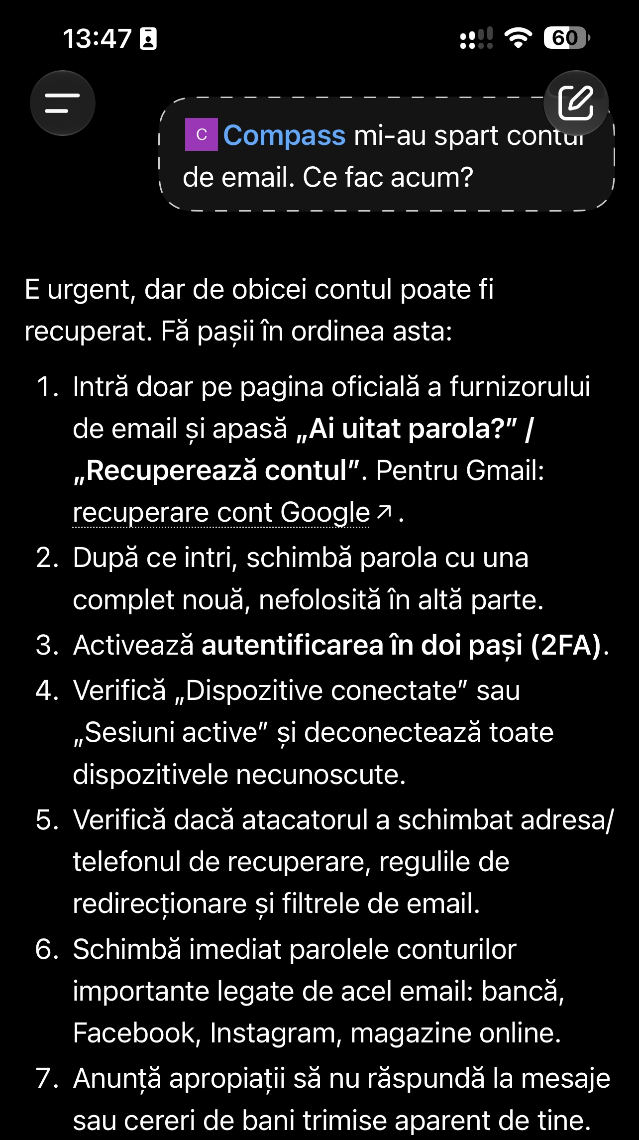 Digital Compass răspunzând în ChatGPT la „mi-au spart contul de email